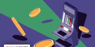 Illustration of a slot machine surrounded by flying coins on a purple and green background.