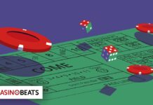 Illustration showing a craps table with red chips and dice
