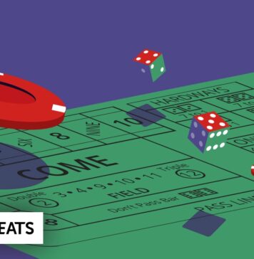 Illustration showing a craps table with red chips and dice