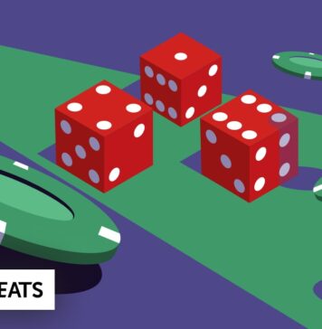 Illustration of three red dice and poker chips on a green and purple table