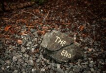 A rock with the words "THE END" painted on it, resting on gravel and surrounded by fallen leaves and twigs.